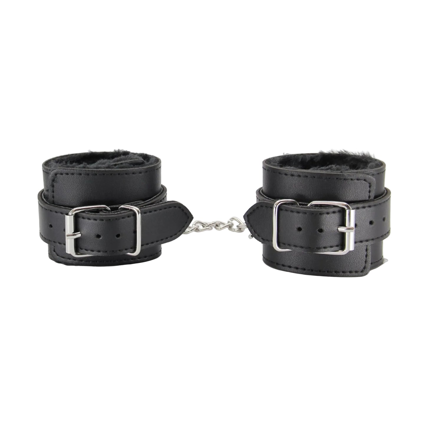 Close-up of black faux fur hand cuffs showing buckle fittings