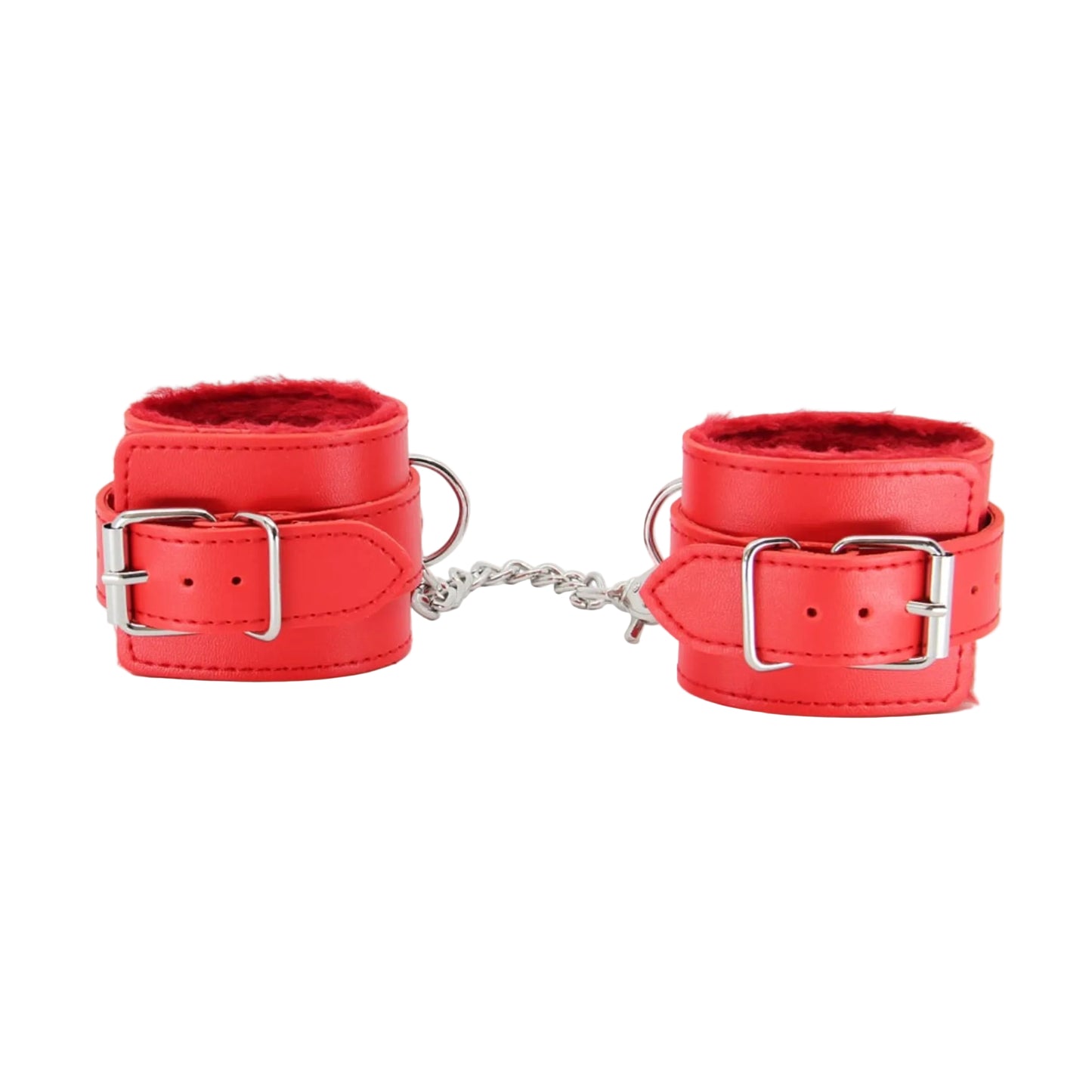 Close-up of red faux fur hand cuffs showing buckle fittings