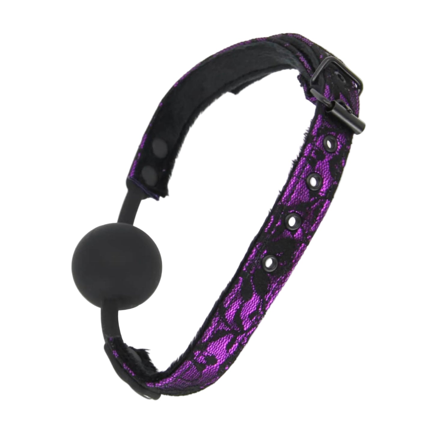 Purple lace strap gag with silicone ball angled product view