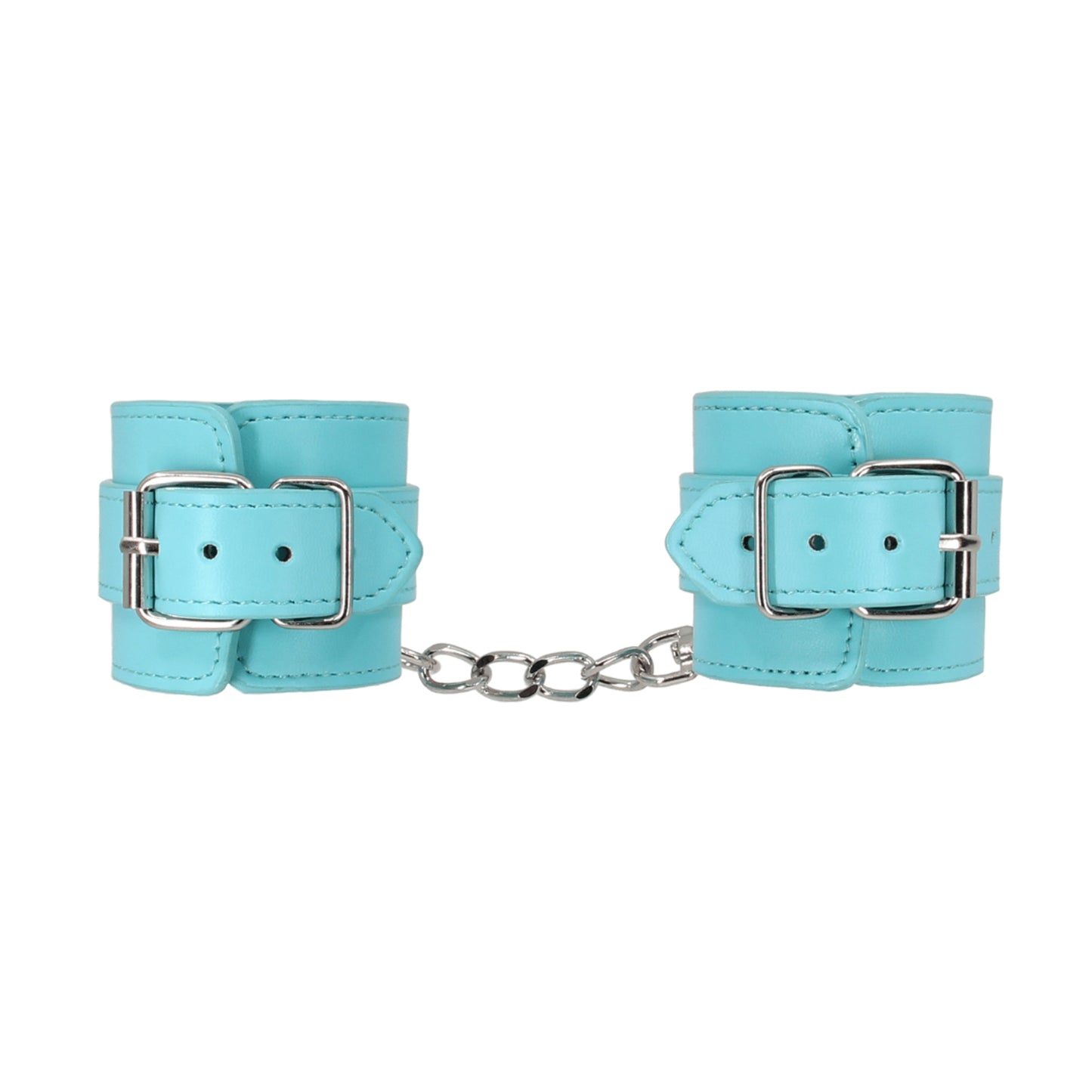 Close-up of baby blue hand cuffs showing buckle fittings