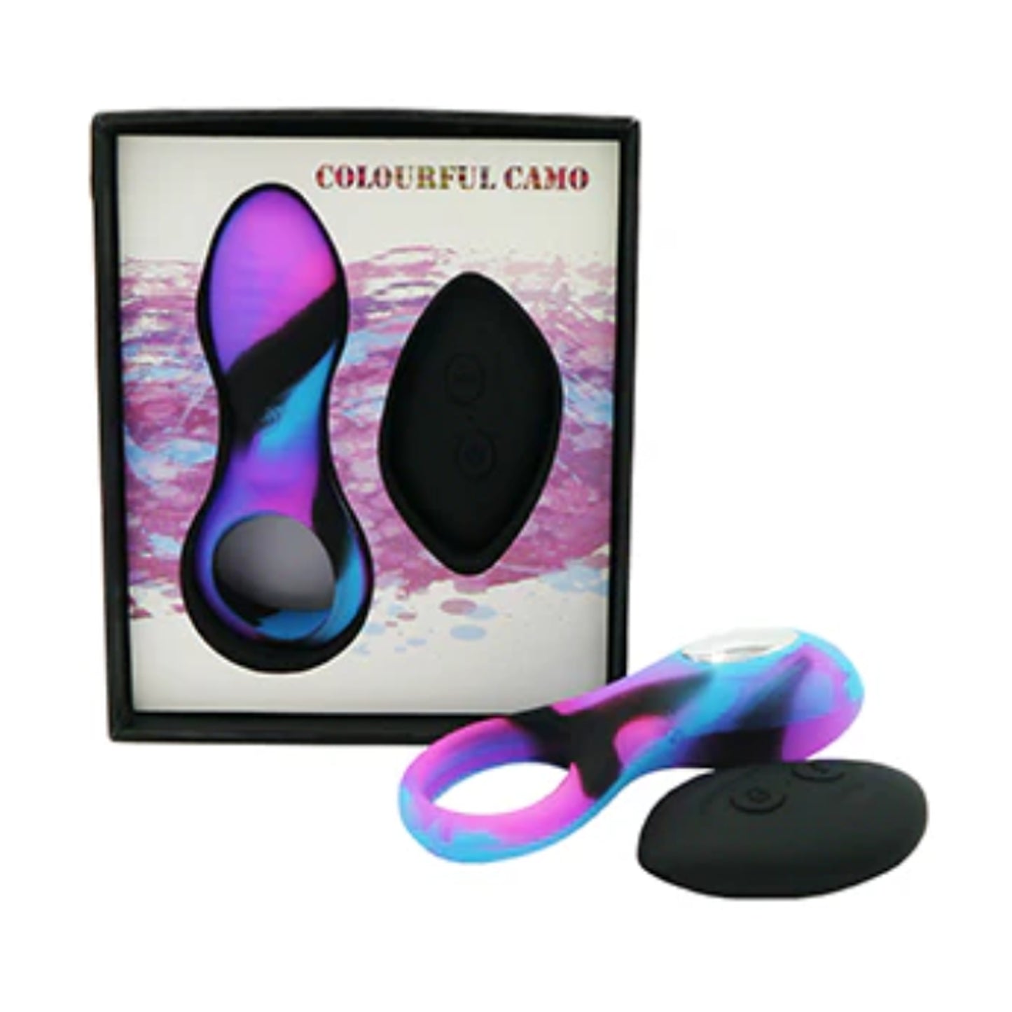 Colourful Camo Bravo Remote Control Cock Ring retail packaging