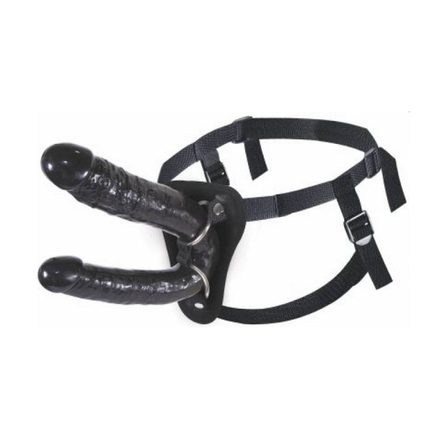 Black strap-on harness with double-ended dildo fitted