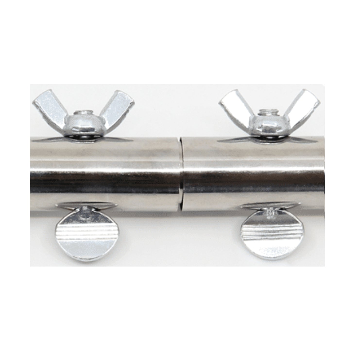 Close-up of chrome spreader bar locking hardware assembly