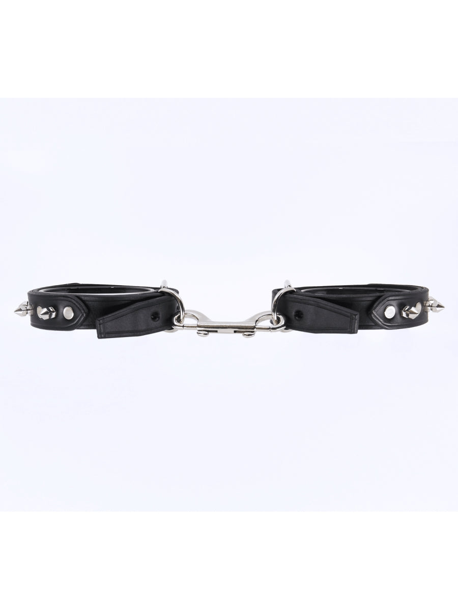 Love In Leather Spiked Leather Hand Cuffs Black-Silver