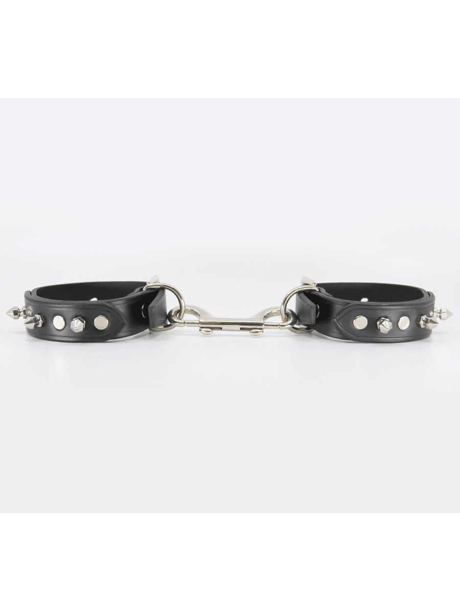 Love In Leather Spiked Leather Hand Cuffs Black-Silver