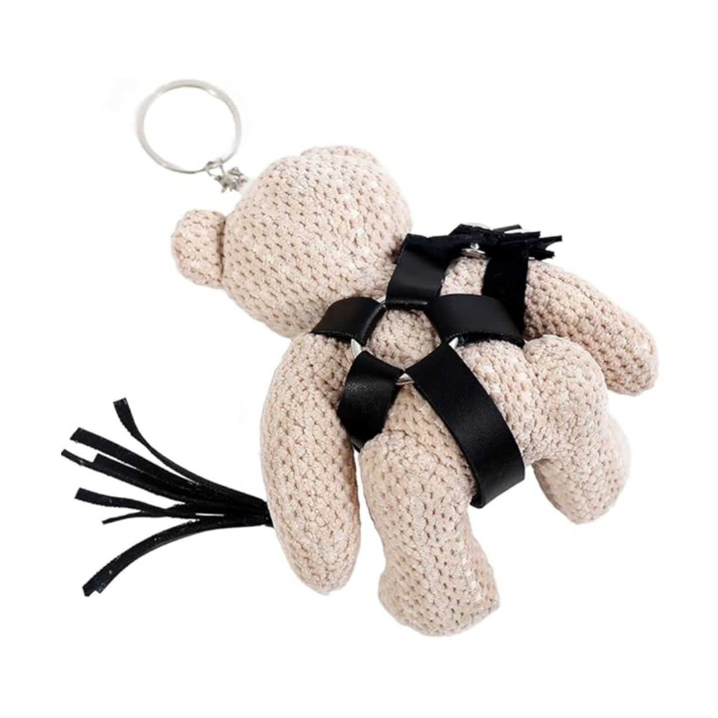 Rear view of teddy keychain showing black harness detail