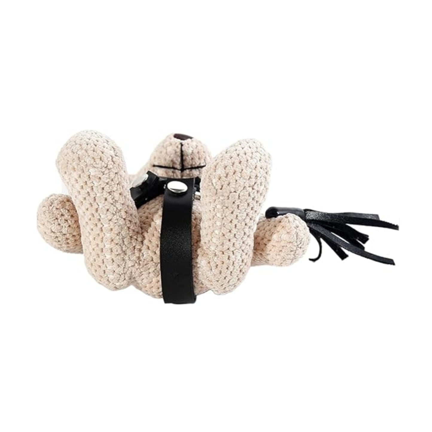 Underside view of teddy keychain showing harness detail