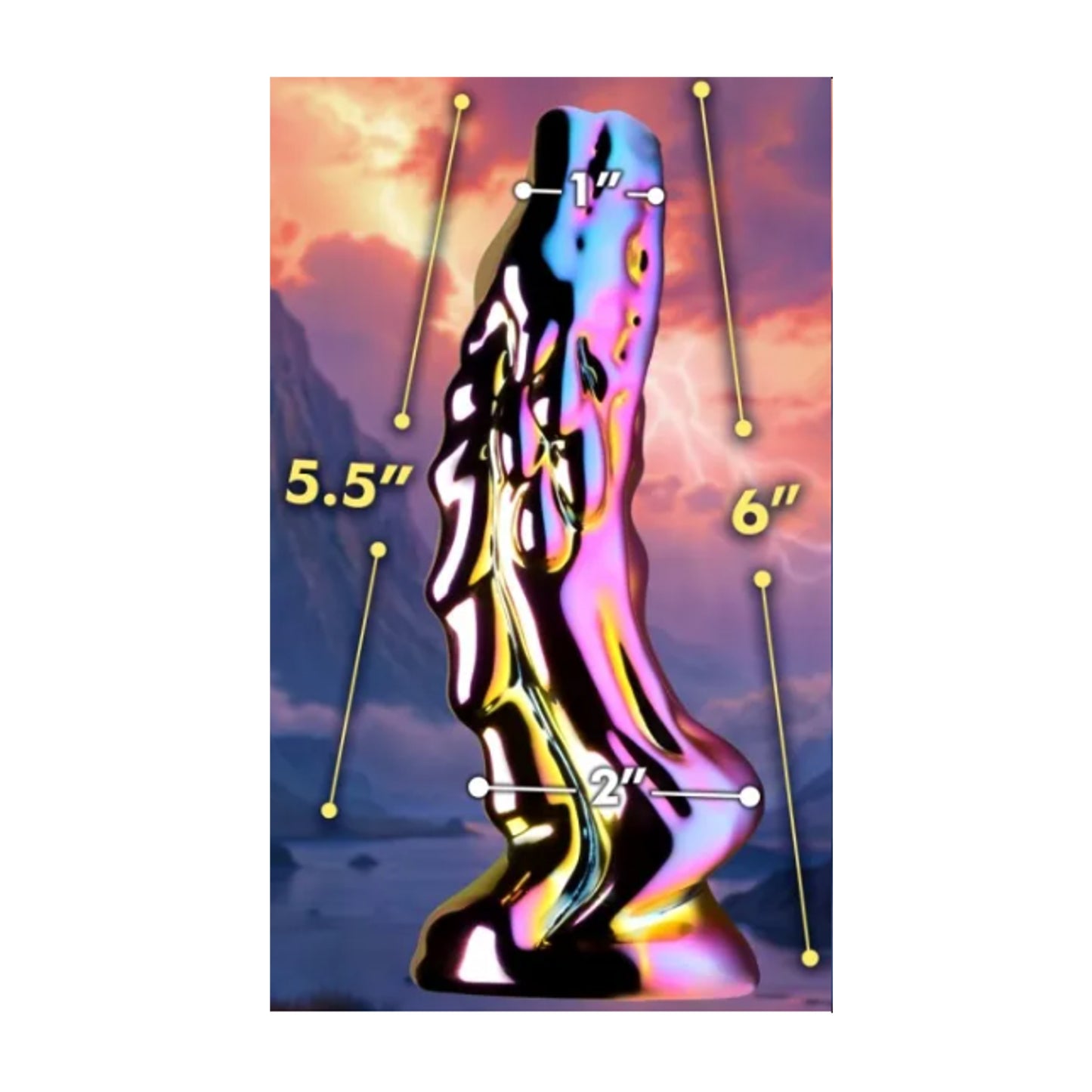 Dimension graphic showing measurements of glass dildo