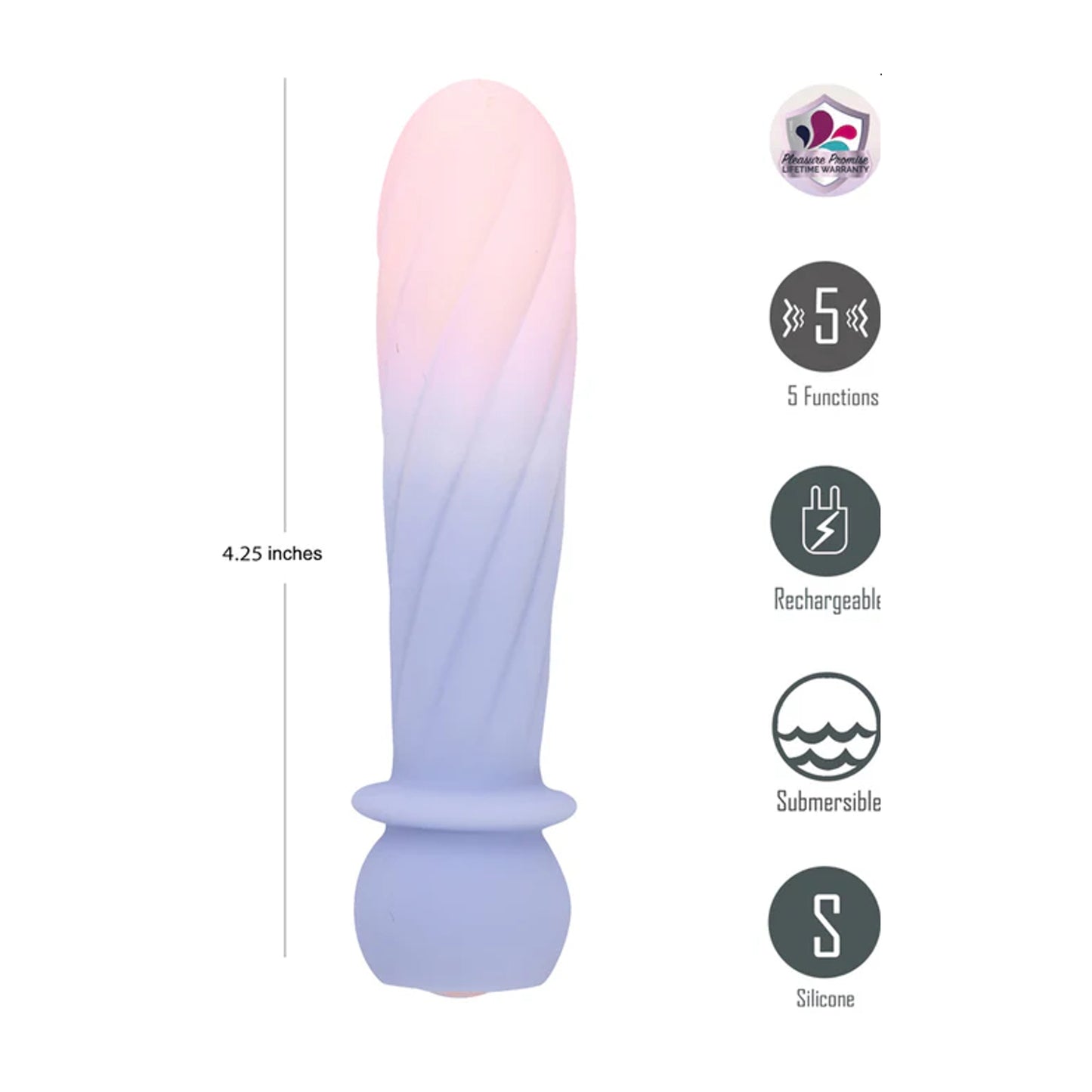 Swirl bullet with size measurement and feature icons