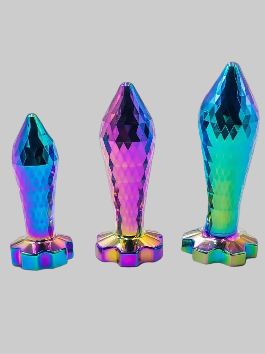 Metal Faceted Anal Plug Iridescent SML Sizes Next to Another Front View
