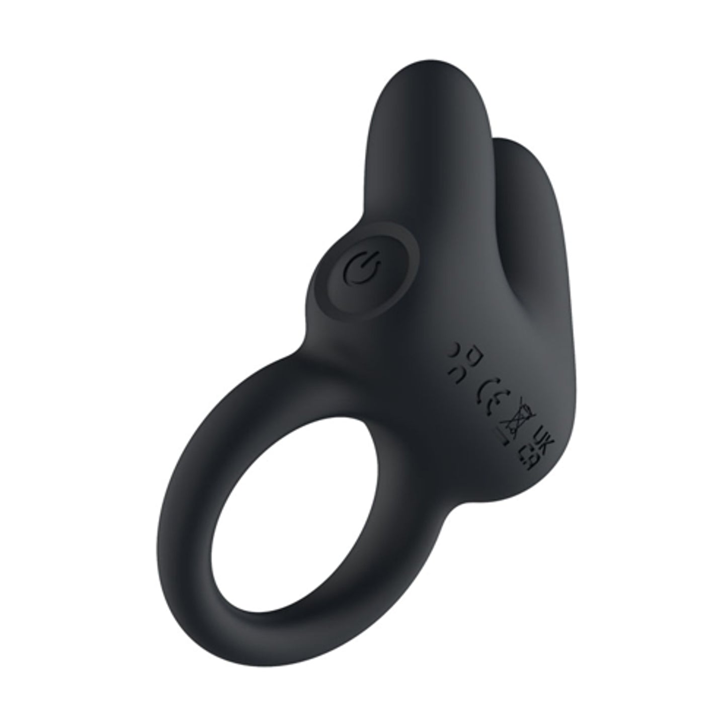 Angled view of black dual bunny ear vibrating cock ring