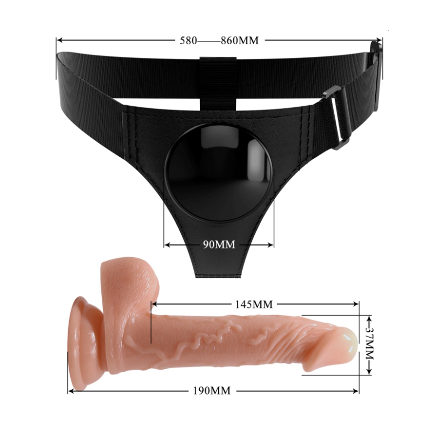 Measurement guide showing harness waist range and dildo dimensions