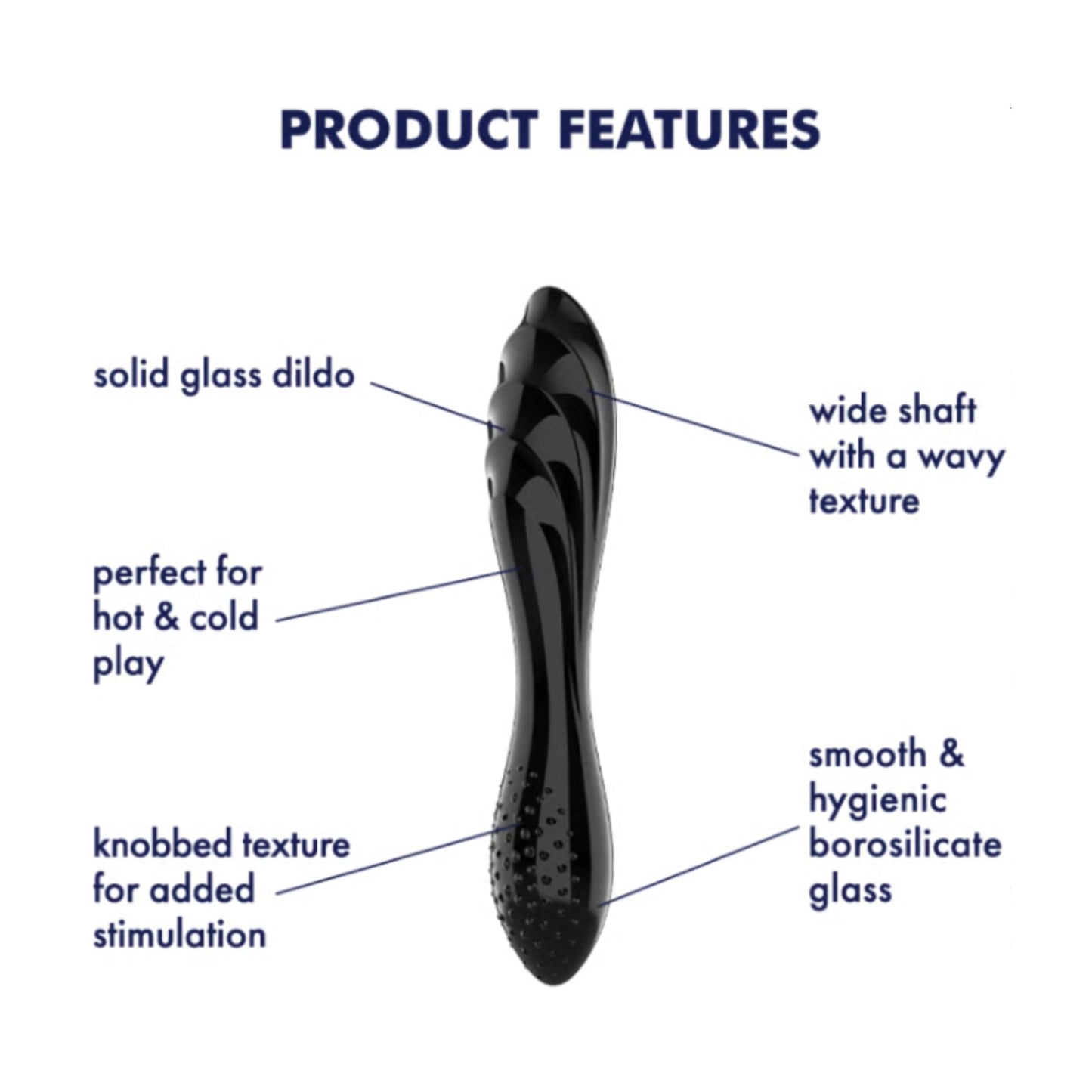 Product feature diagram highlighting solid glass and textured shaft design