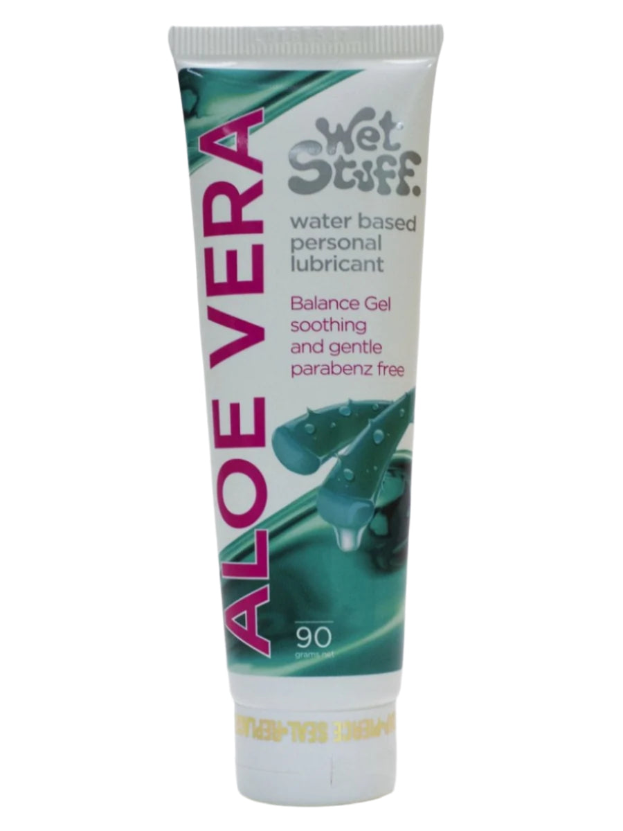 Retail packaging of Wet Stuff Aloe Vera water based lubricant in a 90g tube, showing green and white design with aloe imagery.