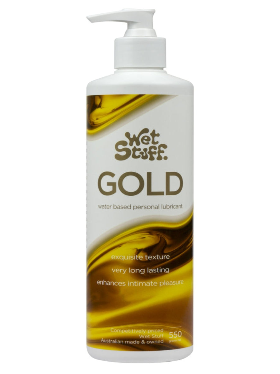 Retail packaging of Wet Stuff Gold water based lubricant in a 550g pump bottle, showing gold and white design.