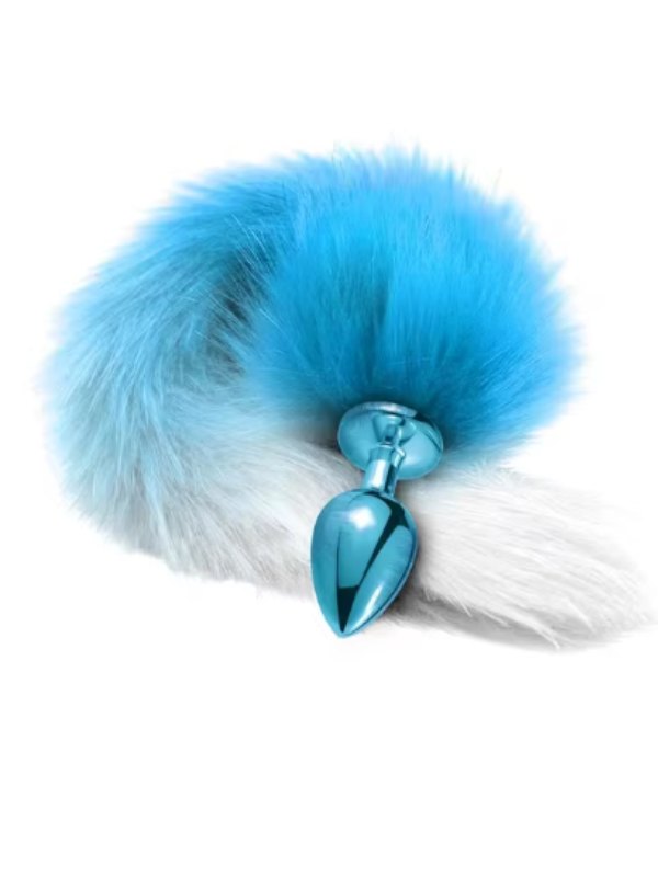 Metal Fox Tail Anal Plug Teal/White Small - Passionzone Adult Store