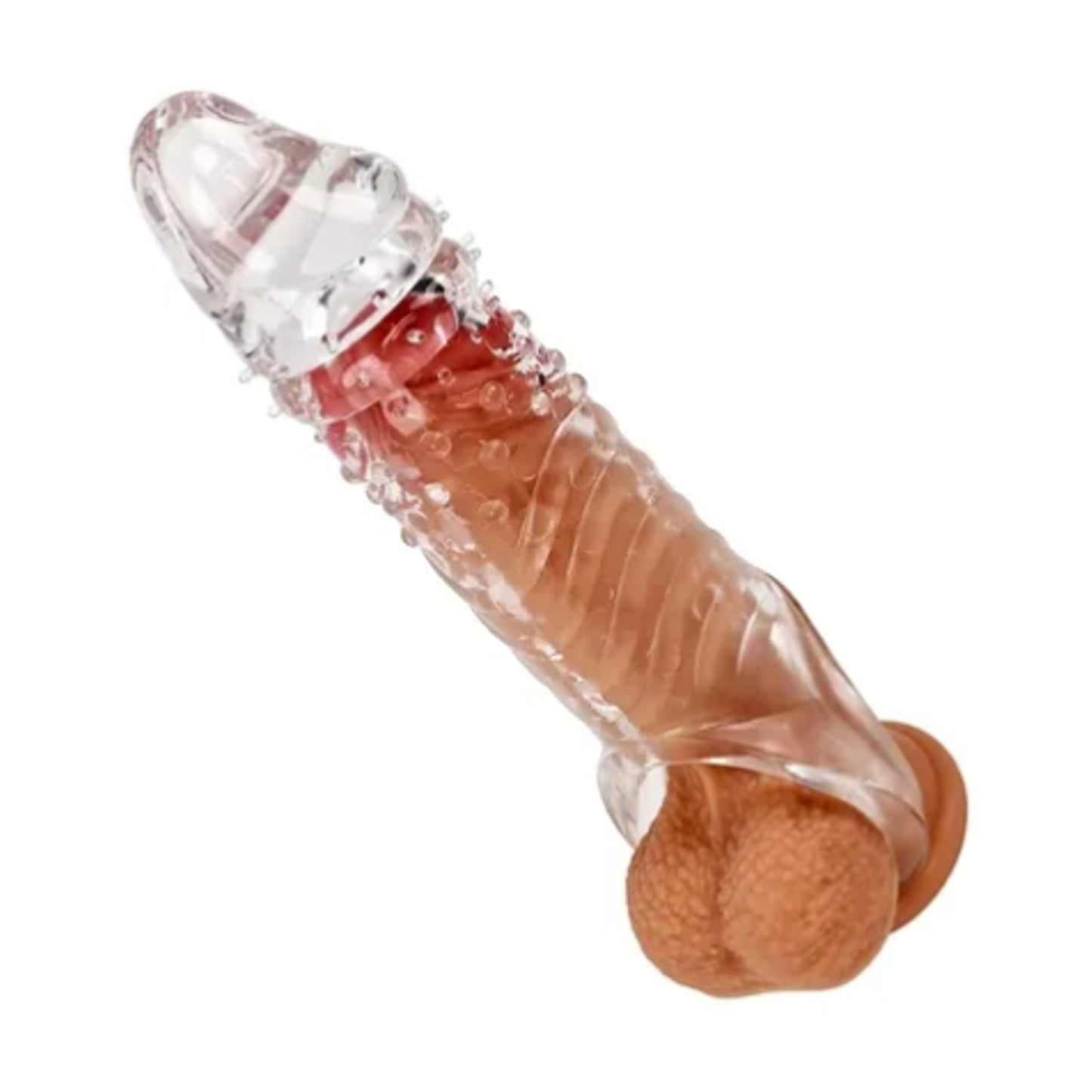 Textured girth enhancer fitted over dildo for demonstration
