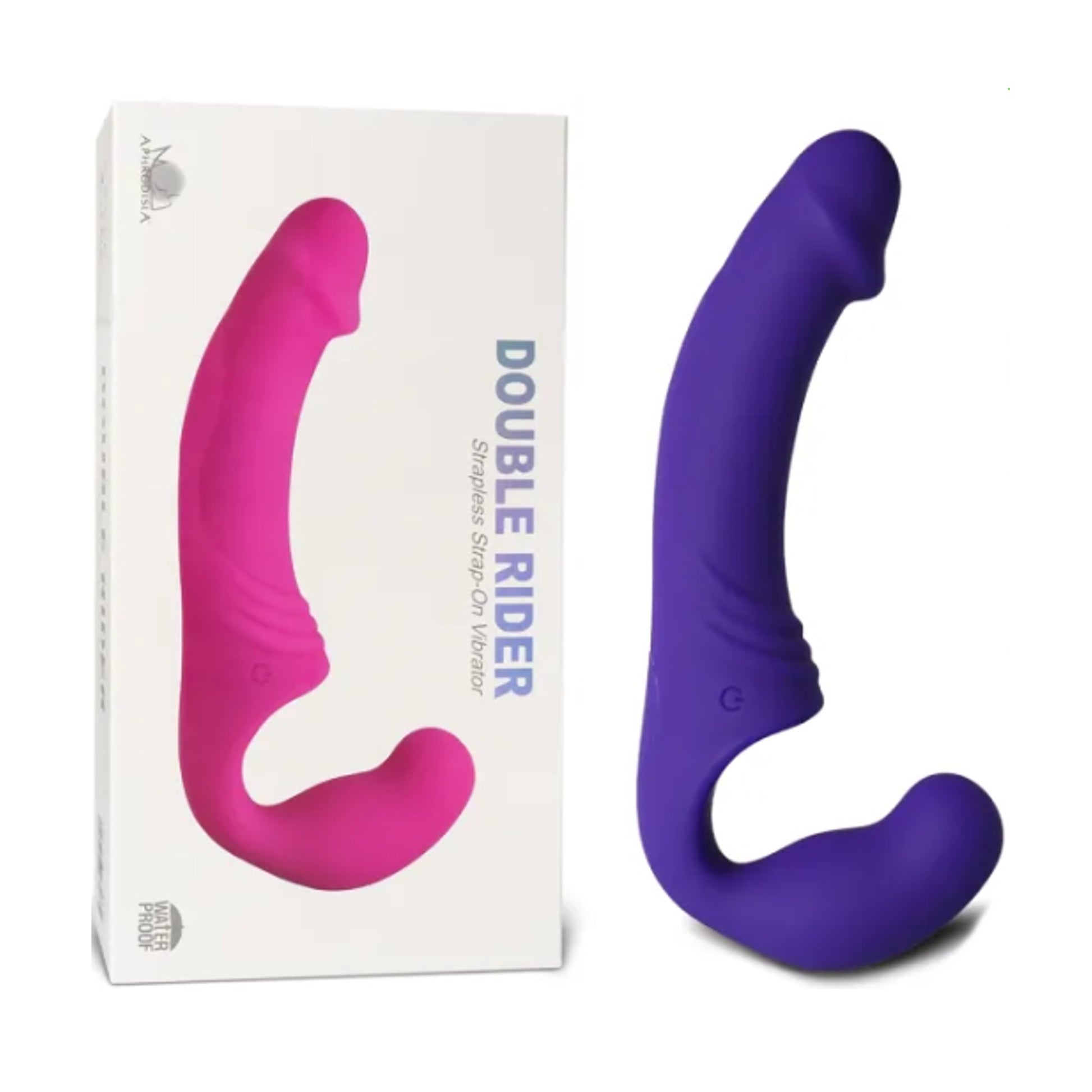 Purple double rider dildo displayed beside retail box