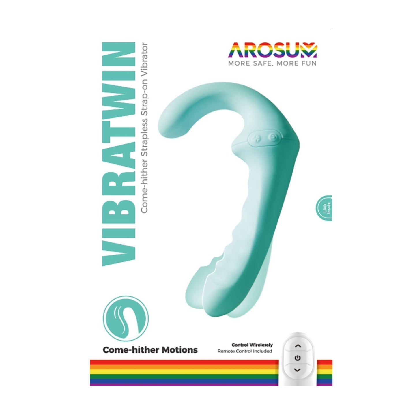 Retail packaging for Arosum VibraTwin strapless vibrating strap-on