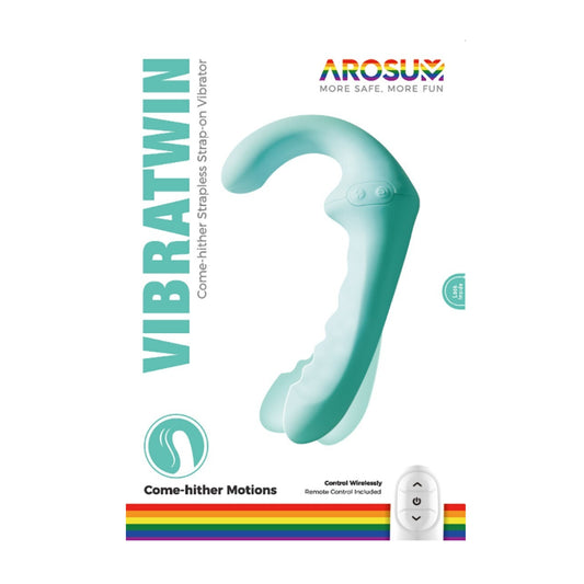 Retail packaging for Arosum VibraTwin strapless vibrating strap-on