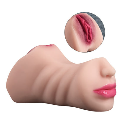 Realistic silicone masturbator with detailed texture and close-up inset on a white background