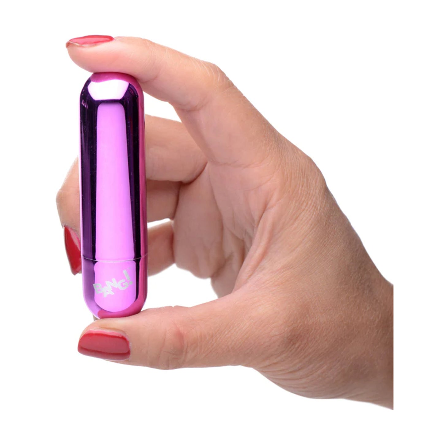 Metallic purple bullet vibrator shown held in hand 