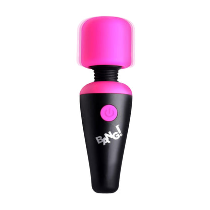 Front view of black and pink mini wand vibrator upright 
