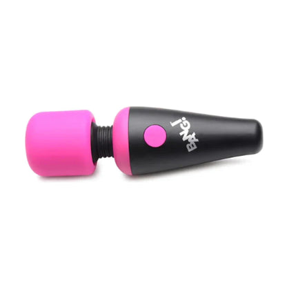 Side view of black and pink mini wand vibrator laid down 