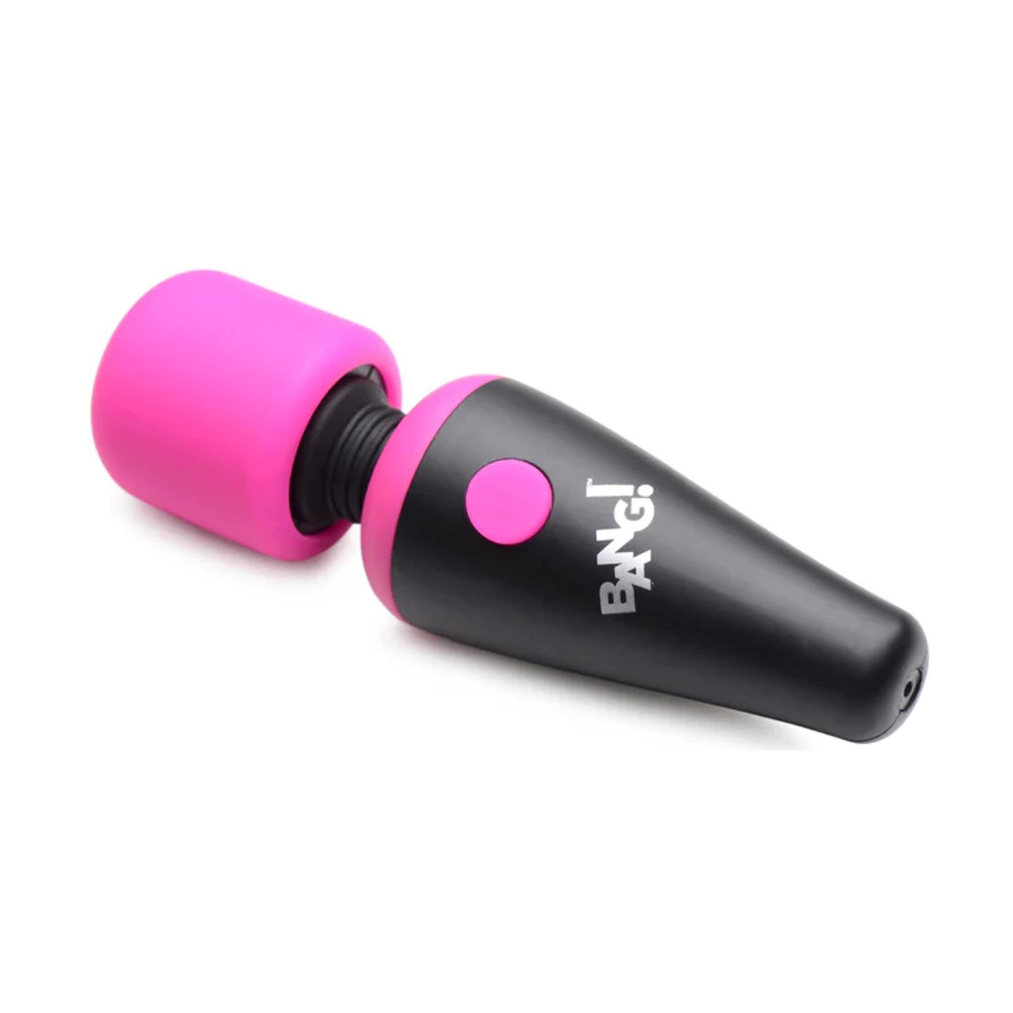 Angled view of black and pink mini wand vibrator 