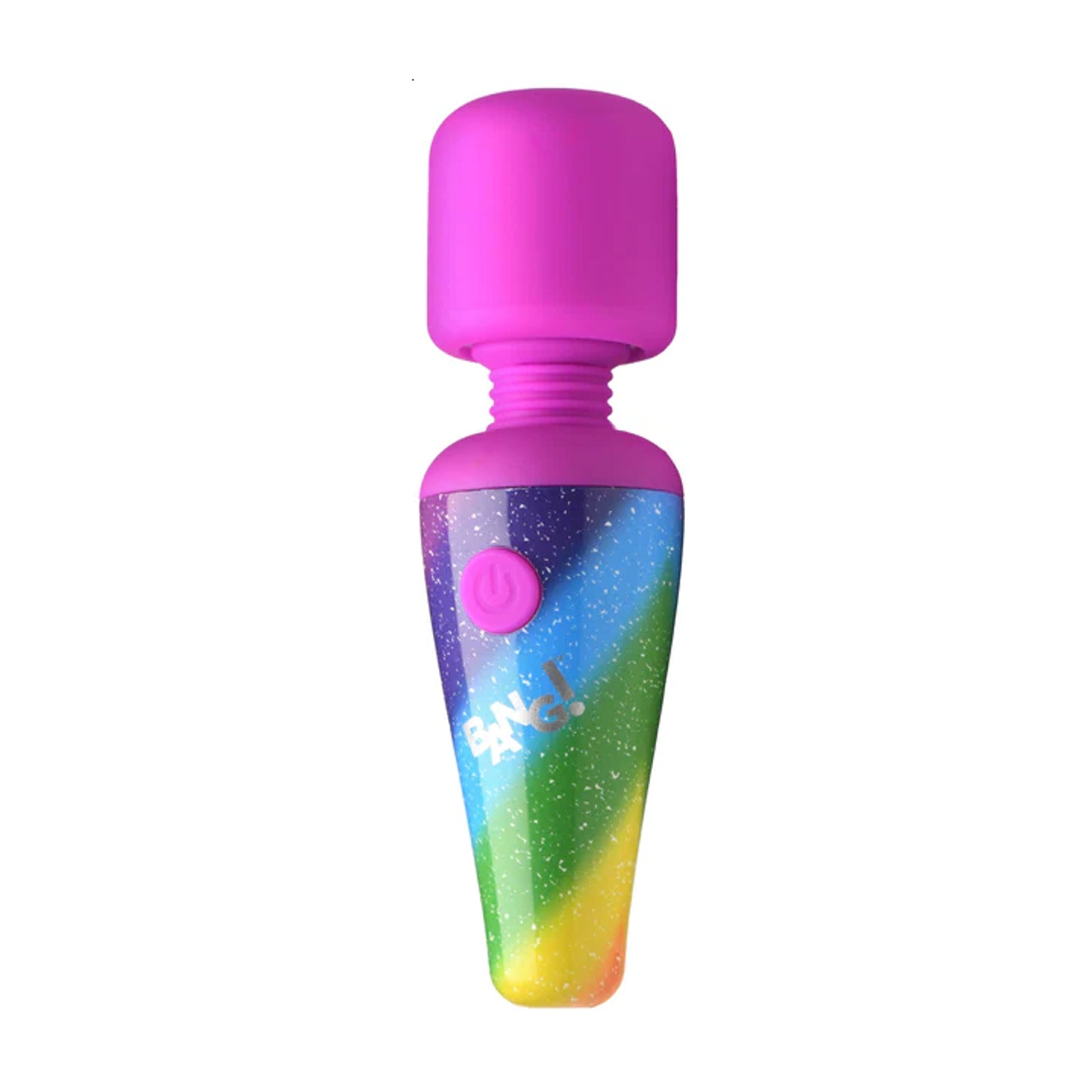 Front view of rainbow mini wand vibrator standing upright 
