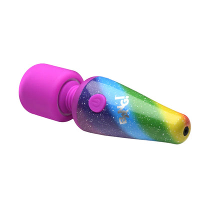 Angled view of rainbow mini wand vibrator and flexible neck 