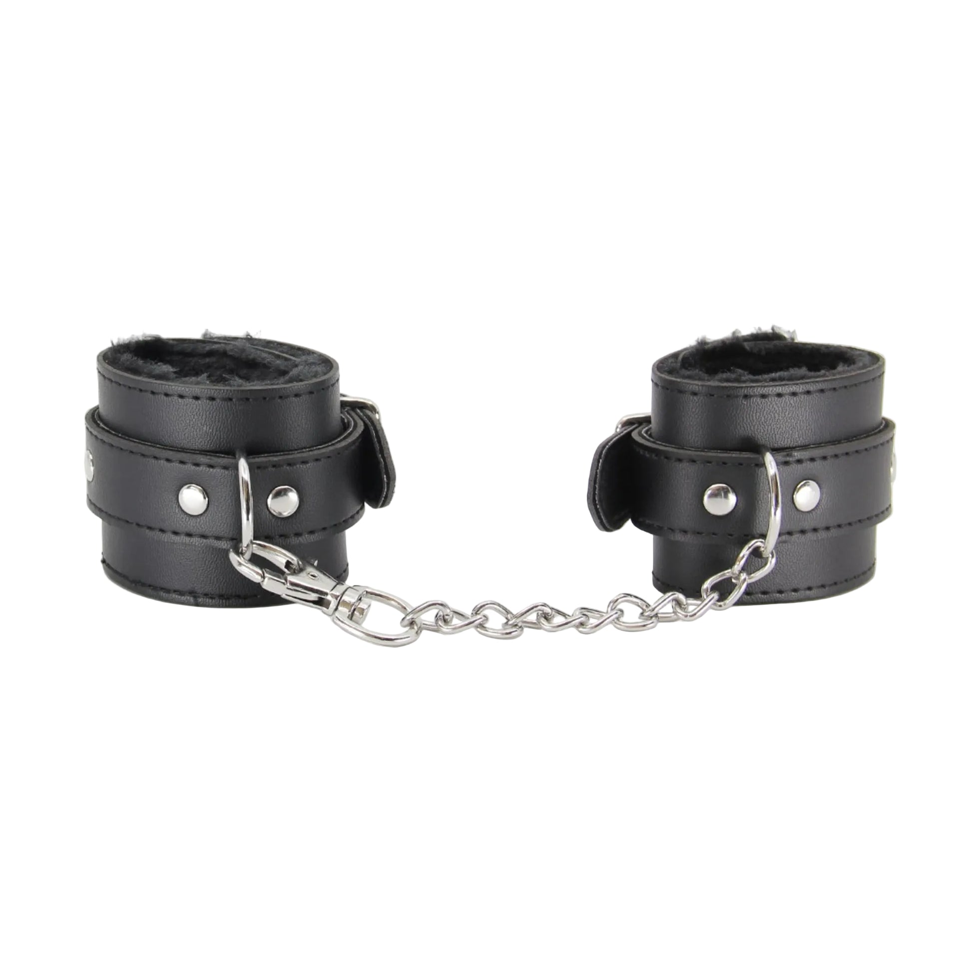 Front view of black faux fur hand cuffs with chain attached 