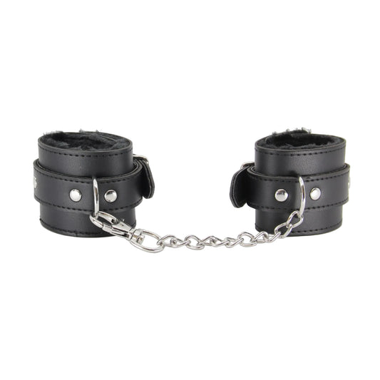 Front view of black faux fur hand cuffs with chain attached 