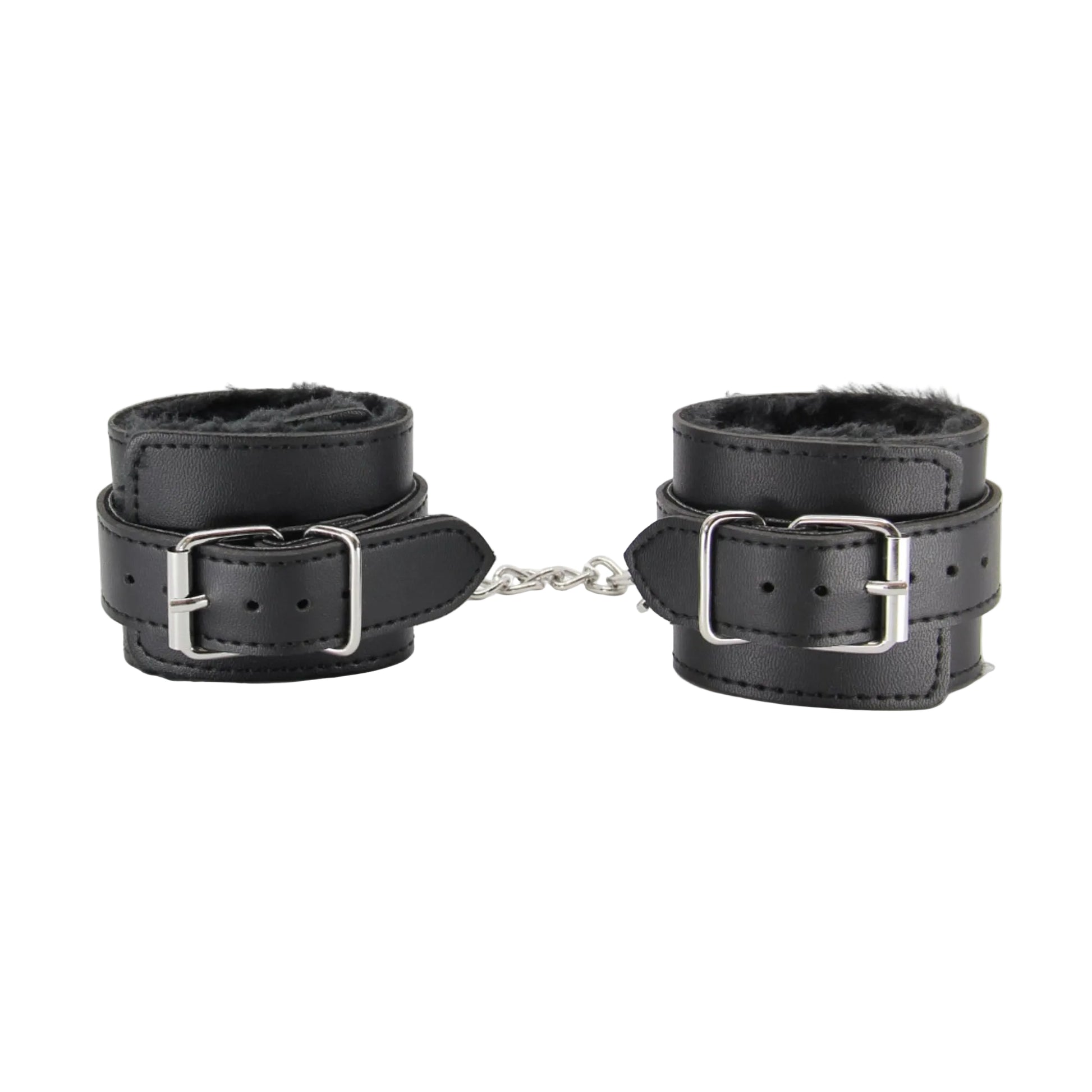 Close-up of black faux fur hand cuffs showing buckle fittings 