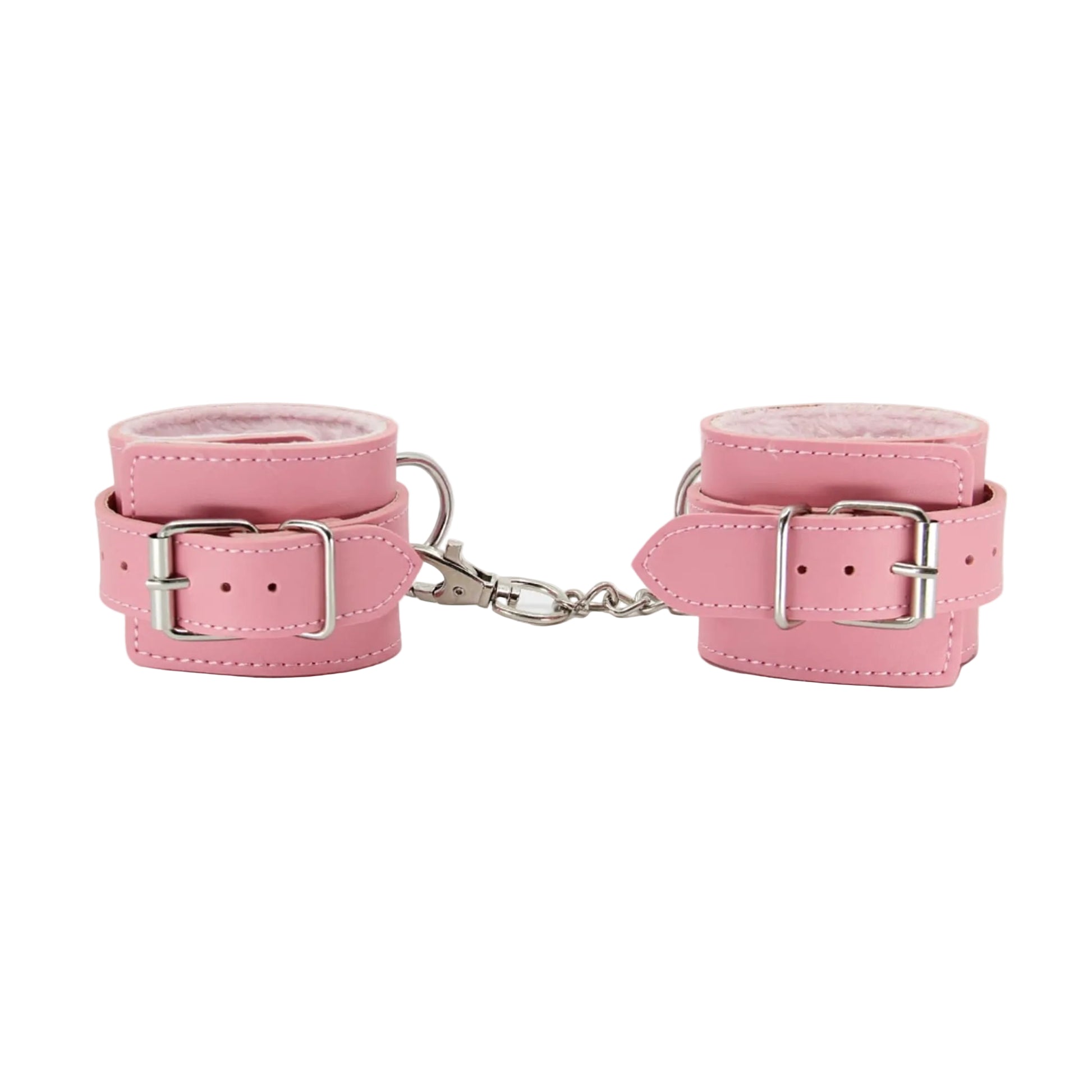 Close-up of pink faux fur hand cuffs showing buckle fittings 