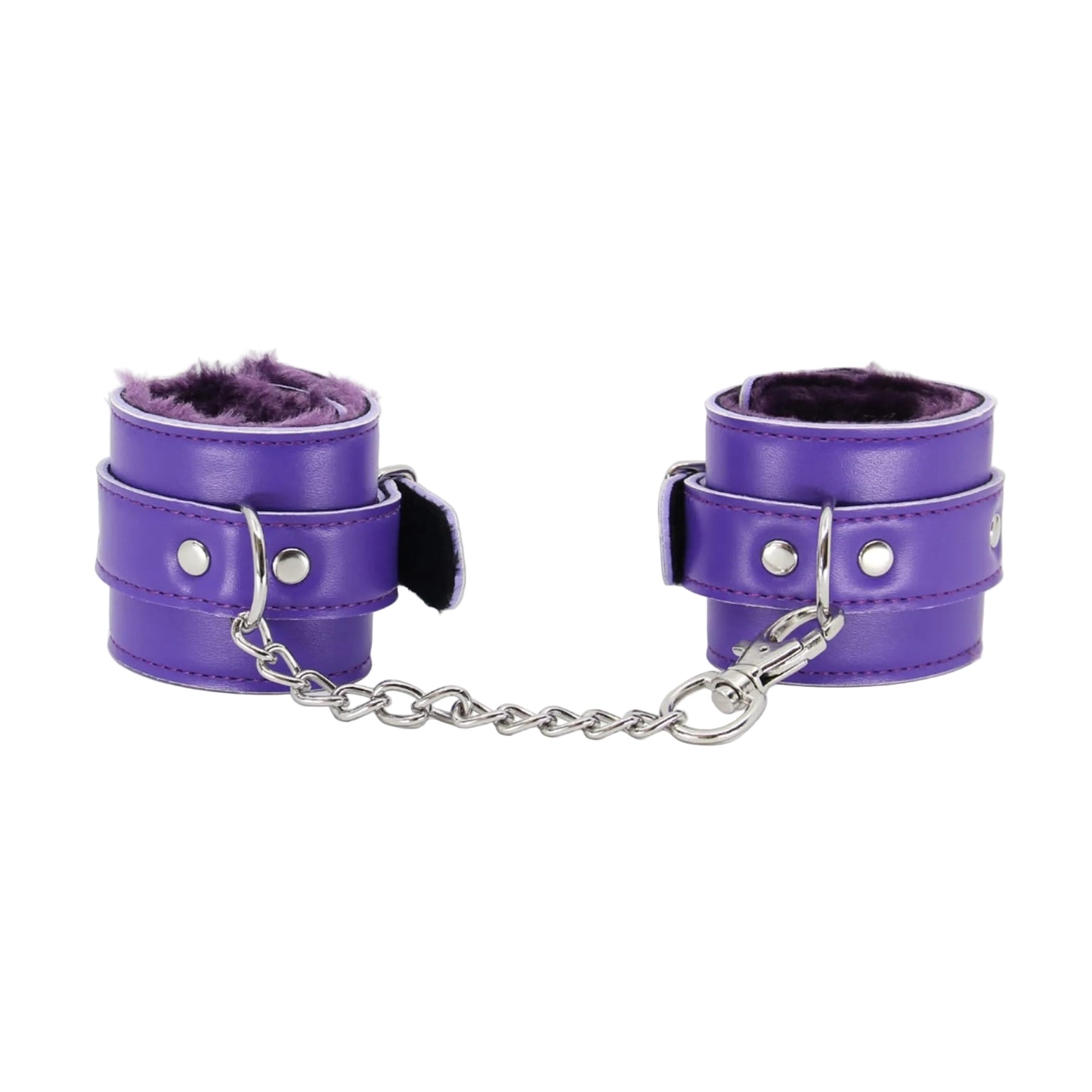 Front view of purple faux fur hand cuffs with chain attached 