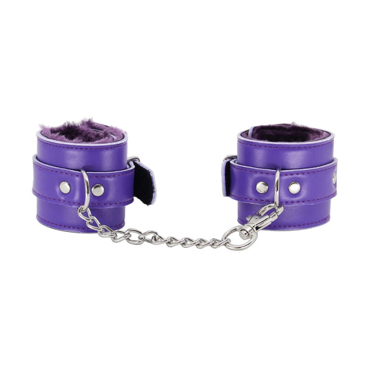 Front view of purple faux fur hand cuffs with chain attached 