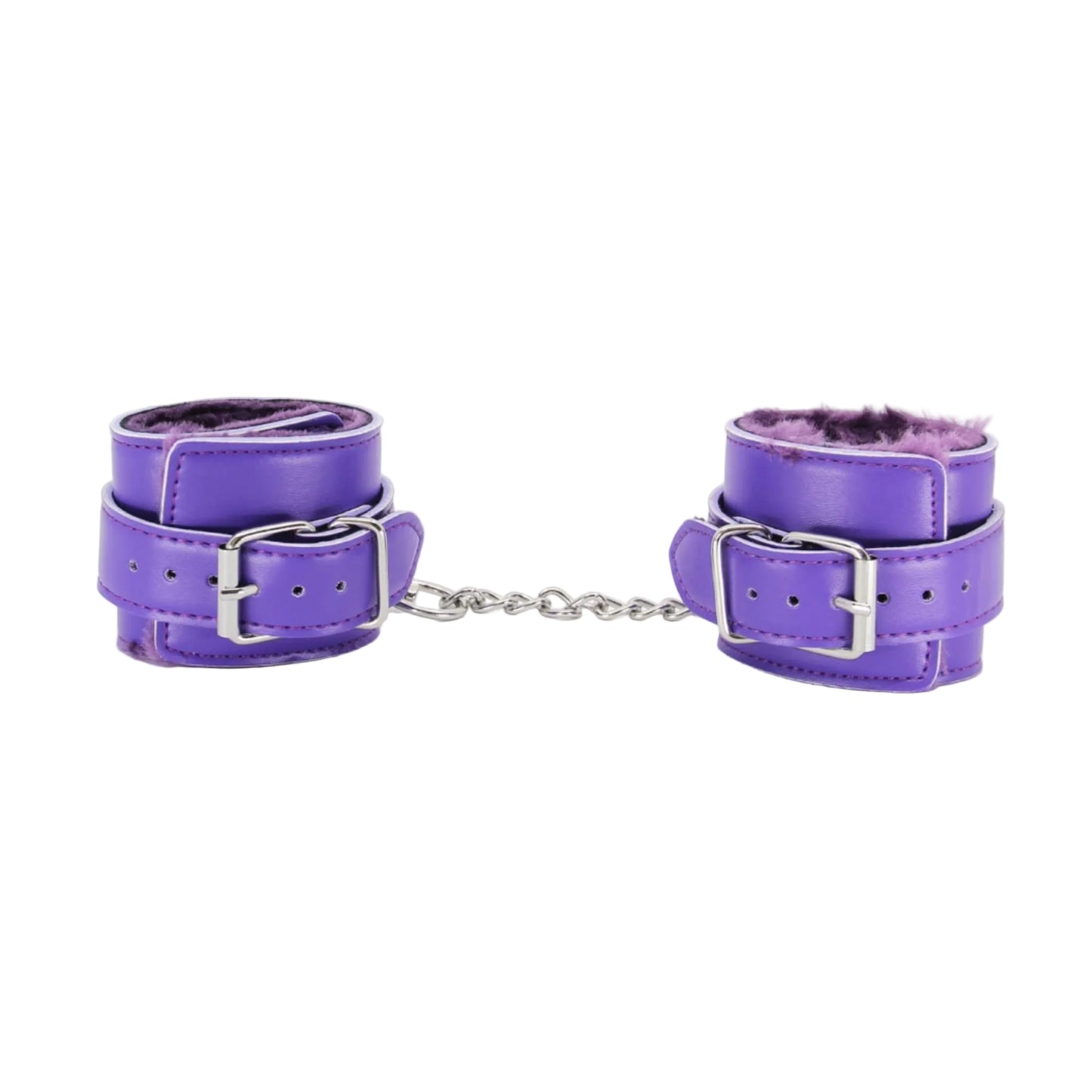 Close-up of purple faux fur hand cuffs showing buckle fittings 