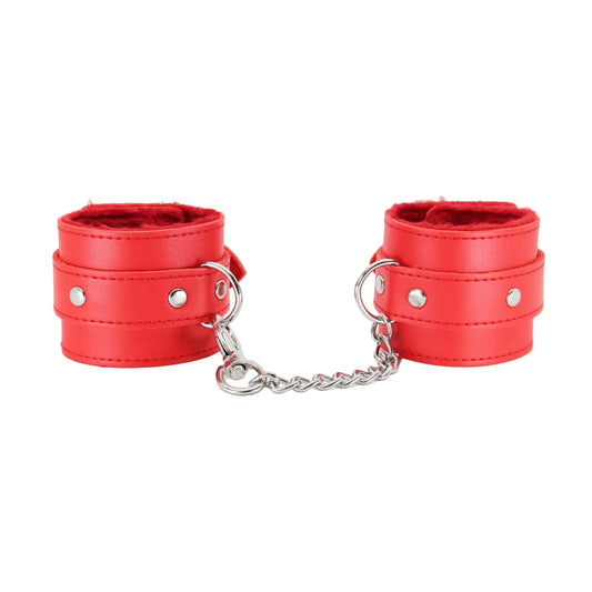 Front view of red faux fur hand cuffs with chain attached 
