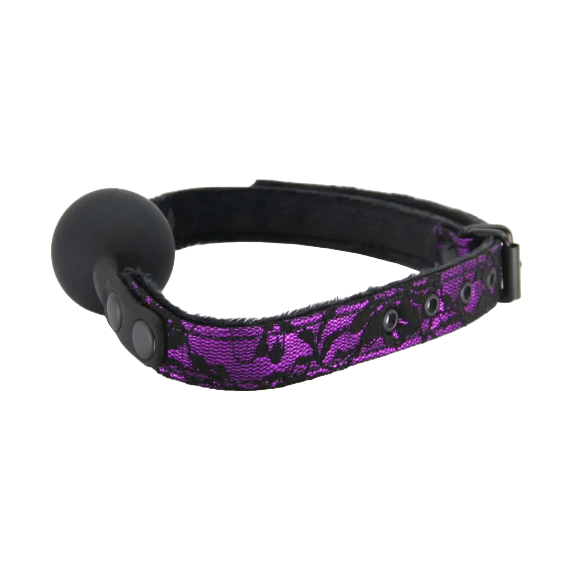 Black silicone ball gag with purple lace strap detail