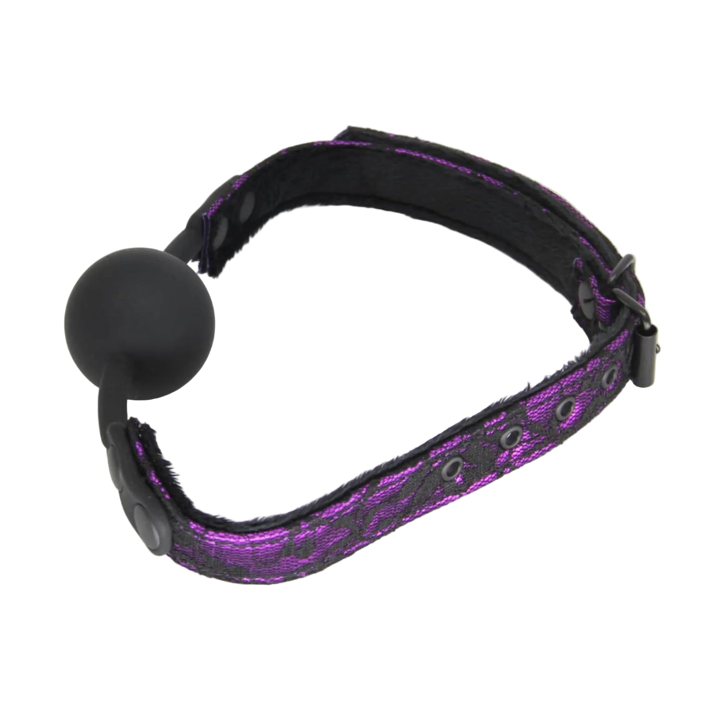 Ball gag showing buckle closure and strap hardware