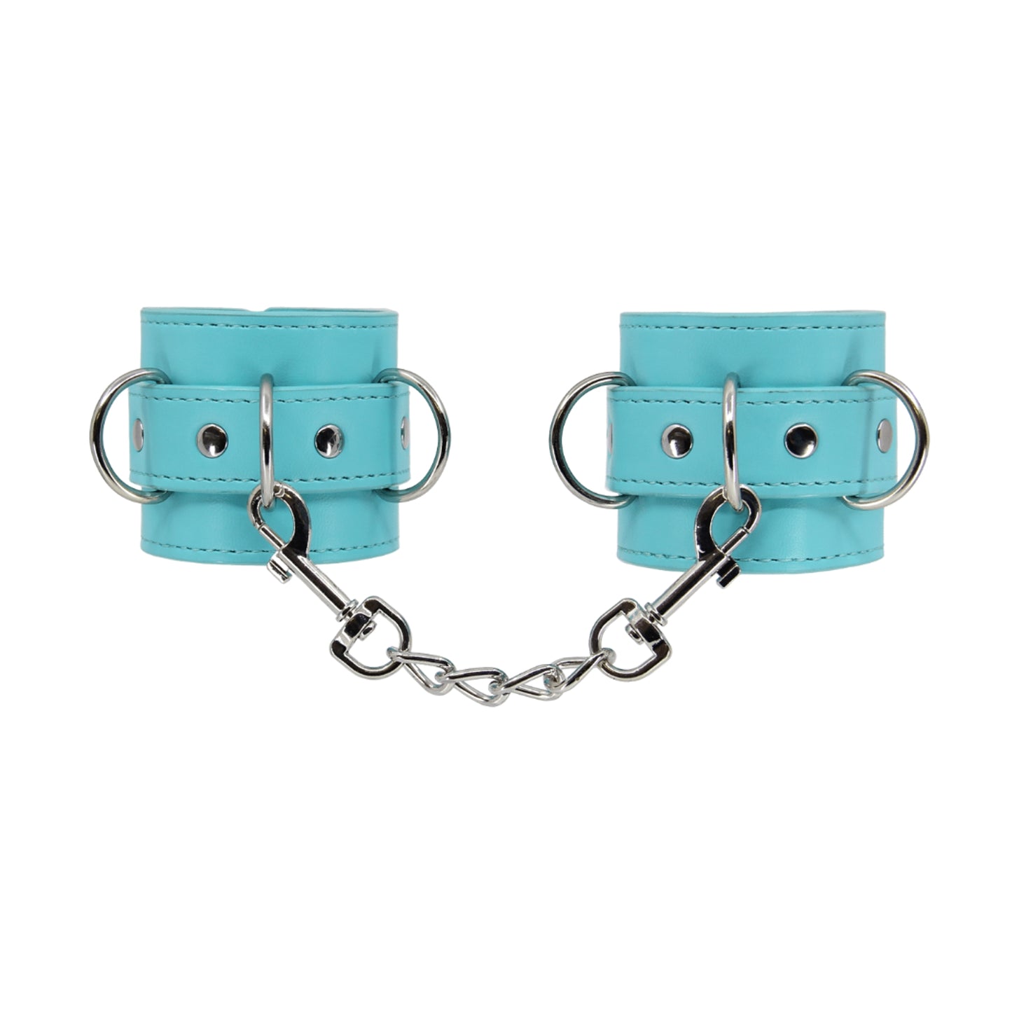 Front view of baby blue hand cuffs with detachable chain 