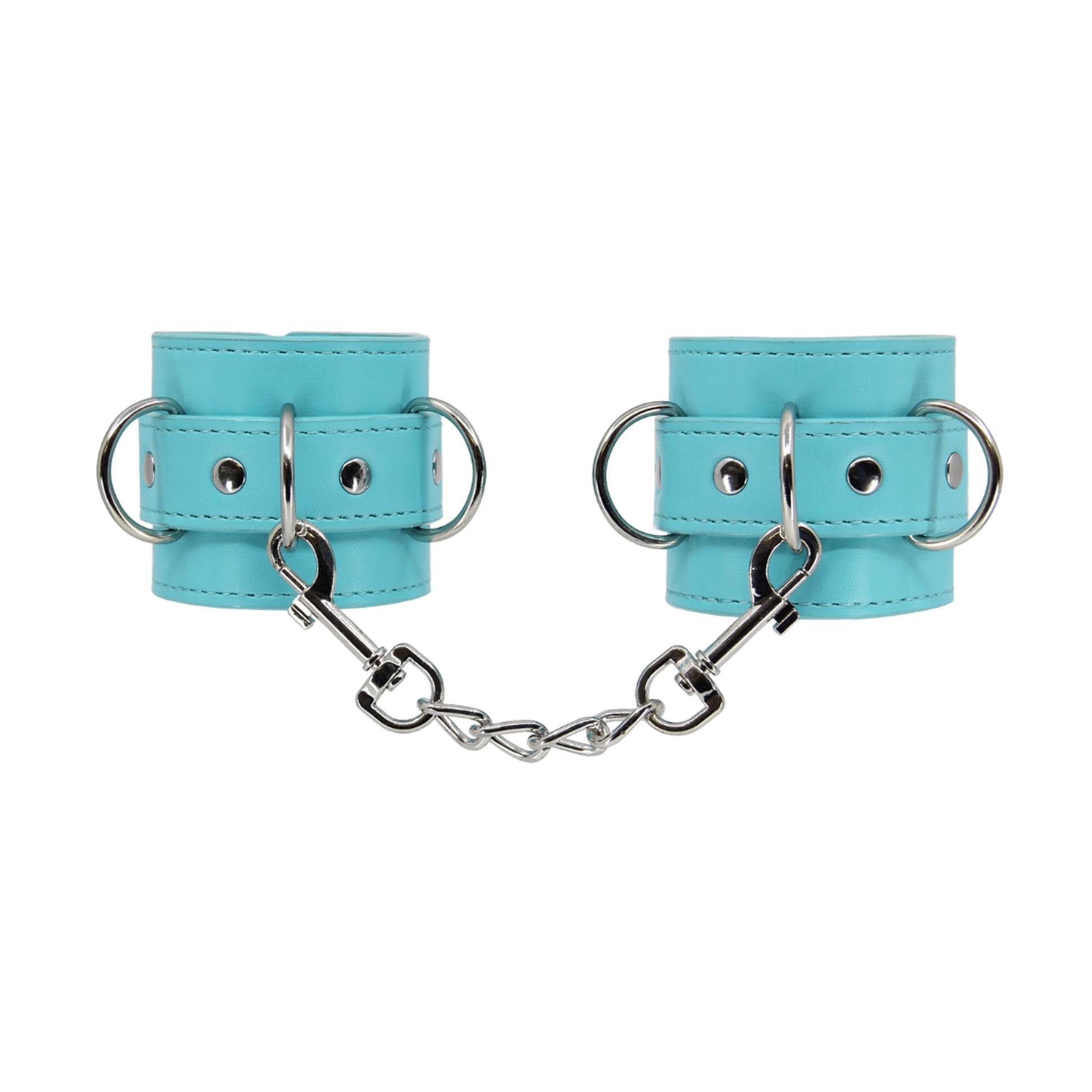 Front view of baby blue hand cuffs with detachable chain 