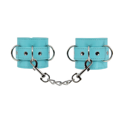 Front view of baby blue hand cuffs with detachable chain 