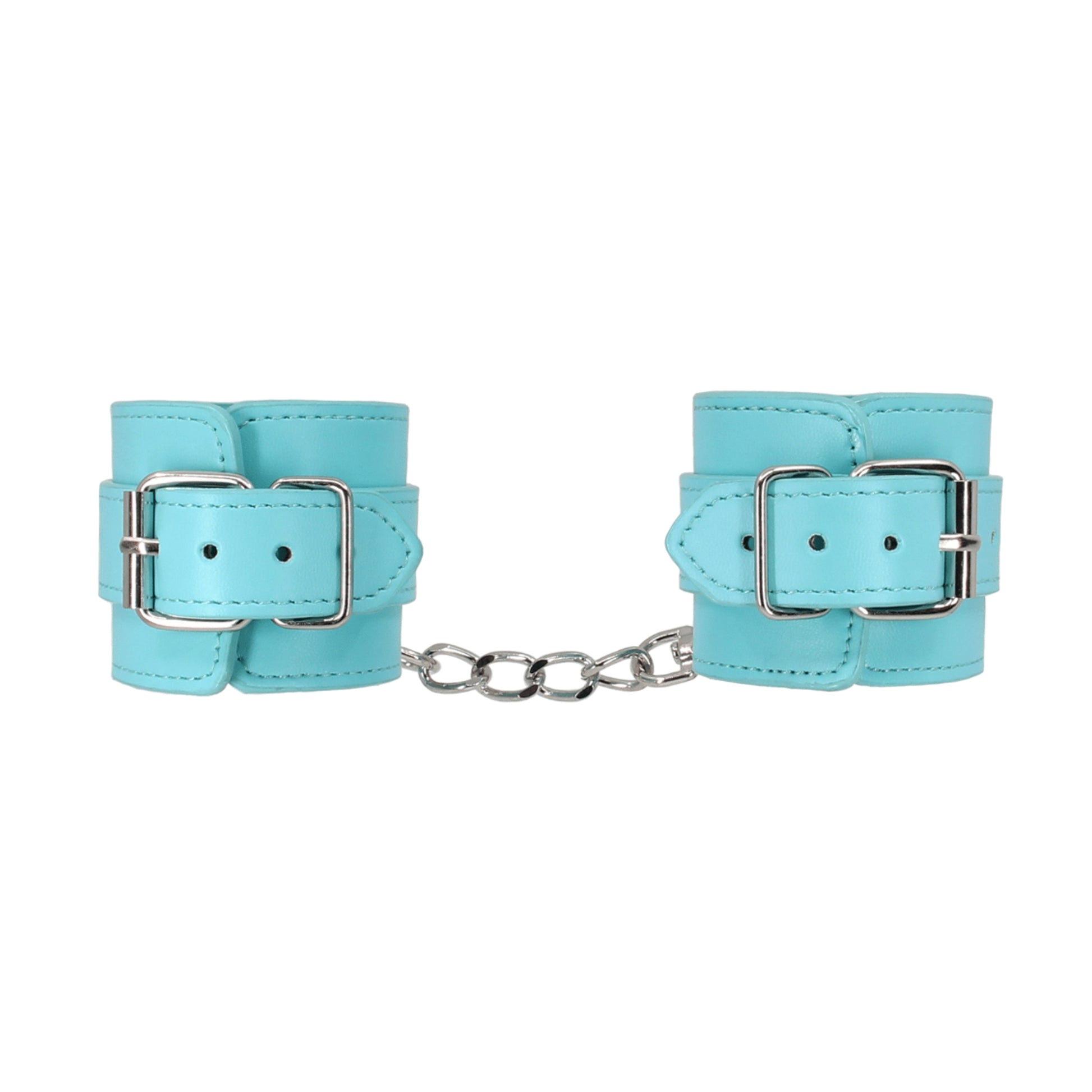 Close-up of baby blue hand cuffs showing buckle fittings 