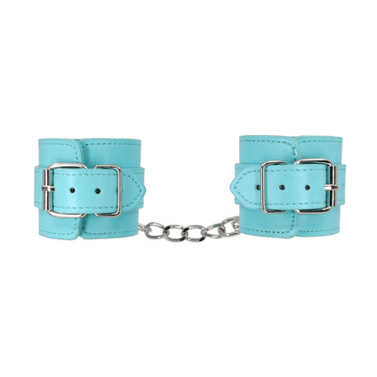 Close-up of baby blue hand cuffs showing buckle fittings 