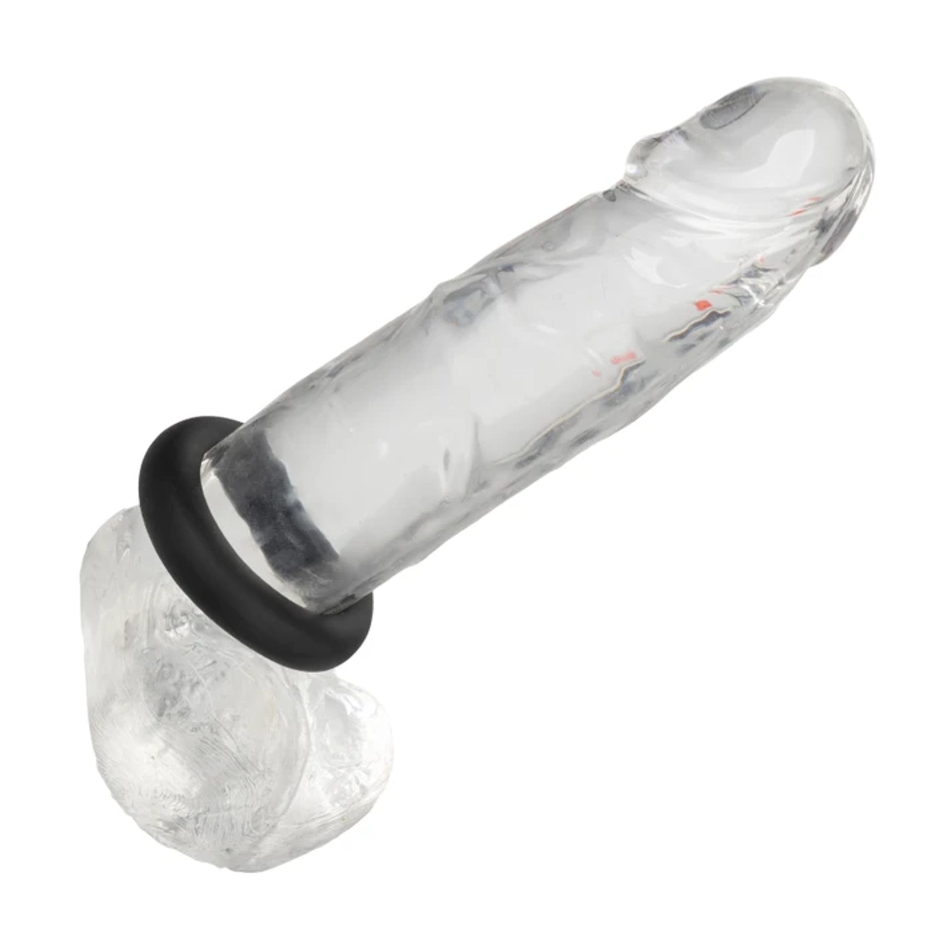 Silicone cock ring fitted onto clear dildo