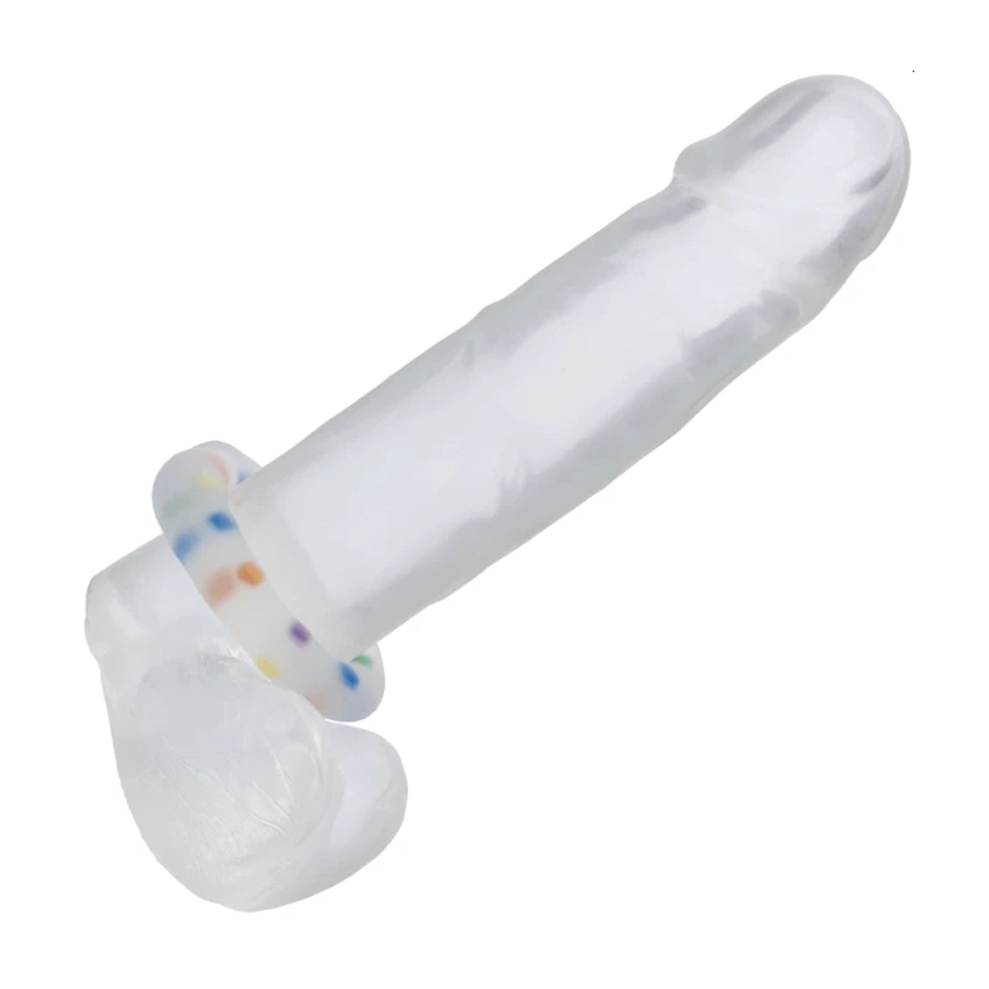 Multicolour cock ring fitted onto clear dildo