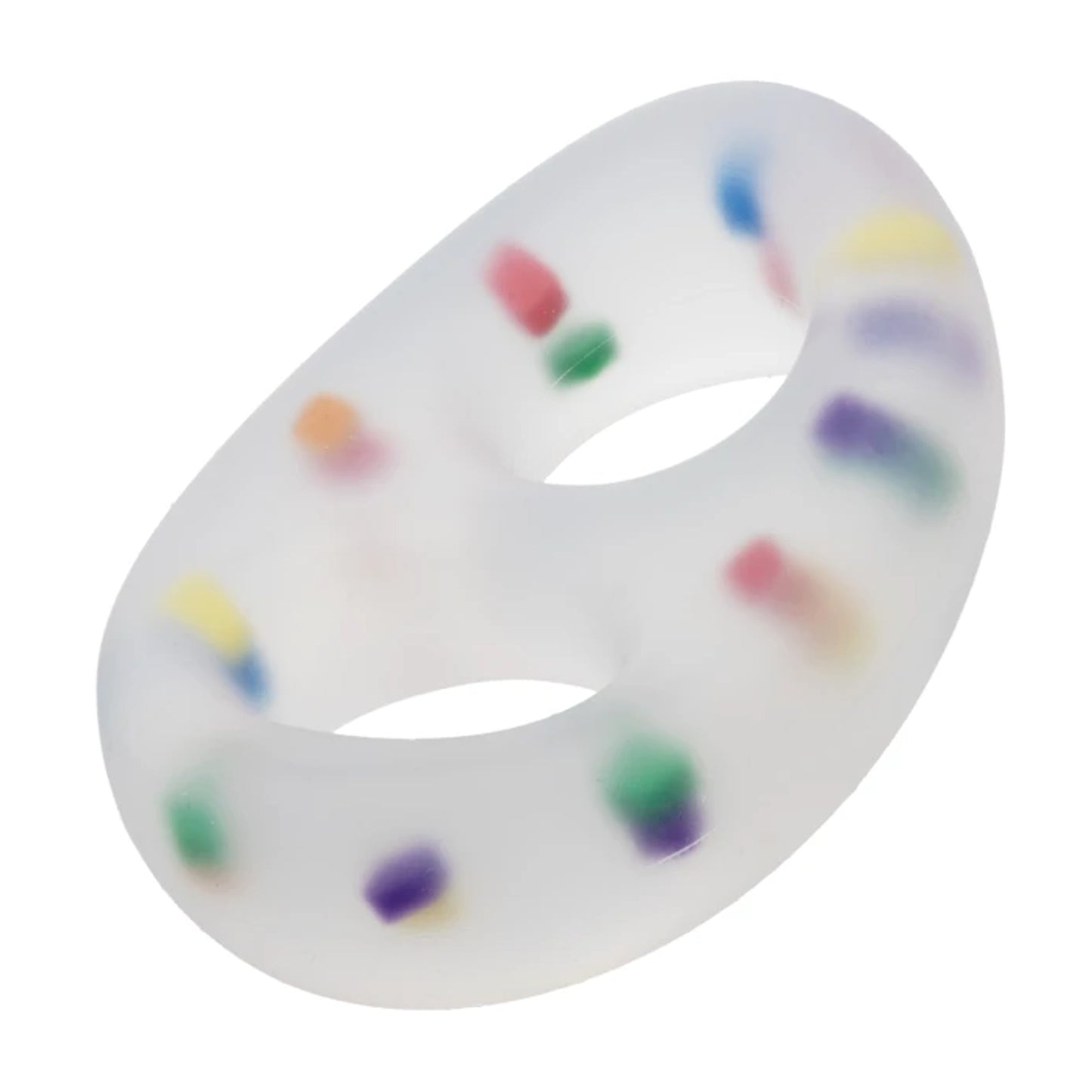 Angled view of multicolour dual cock ring