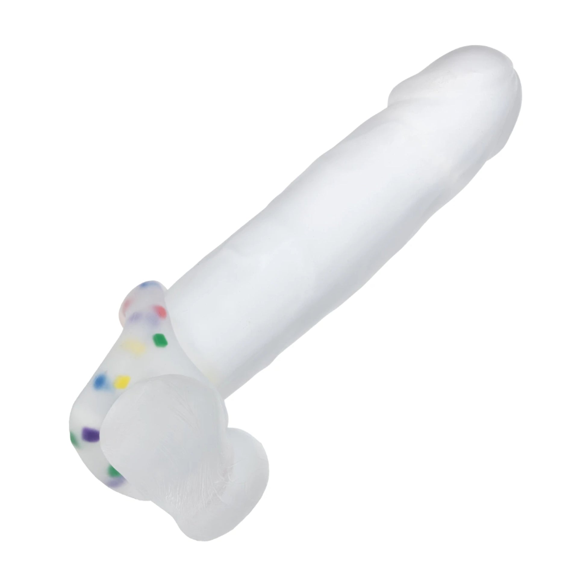 Dual cock ring fitted onto clear dildo